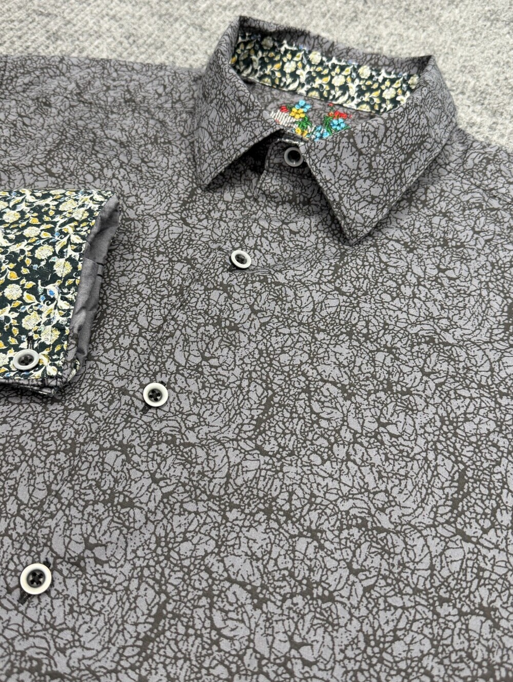Robert Graham Armstrong Abstract AOP Button Up Shirt Men L Gray Floral Flip Cuff